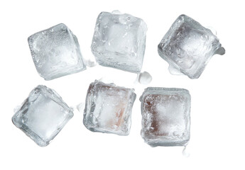 Obraz premium Isolated shot of six translucent, square ice cubes against a stark black background