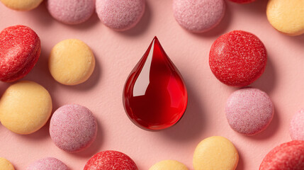 Obraz premium Single red blood drop surrounded by soft colorful spheres, representing blood donation at the center of community, care, and medical support systems.