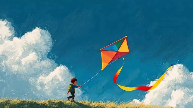Child flies a colorful kite on a sunny day in a grassy field with blue sky and clouds overhead, creating a joyful scene of outdoor fun and playfulness