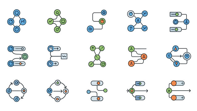 Collection of colorful flowchart and diagram icons representing data and processes.