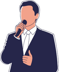 A man in a dark suit with a white shirt and tie, holding a microphone and speaking into it, with his left hand slightly raised