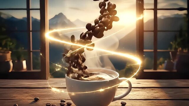 Cinematic scene of floating coffee beans swirling into a steaming cup at sunrise, creating a warm premium coffee advertising atmosphere