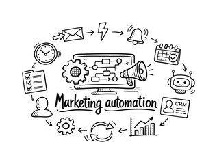 Obraz premium Marketing automation. Hand-drawn doodle illustration of Marketing automation. In the middle, one slightly larger central
