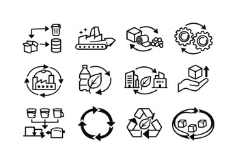 Sustainable Manufacturing Icons. Waste-to-Resource Manufacturing. Line outline icon set of Waste-to-Resource