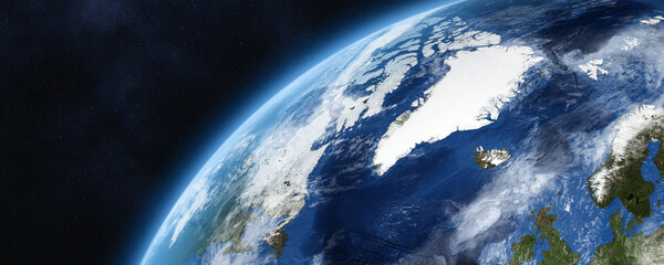 Planet Earth. Greenland, Iceland, Canada, USA, Europe, Denmark, United Kingdom, Ireland, Norway, Sweden. Nordic countries, view from orbit. © revers_jr