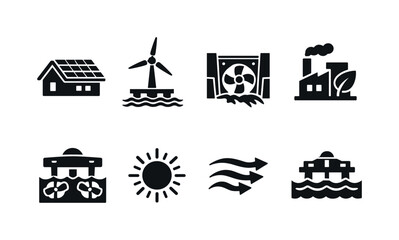 Naklejka premium Renewable energy sources. Filled icon set of Renewable energy sources: rooftop solar panels, offshore wind turbine,