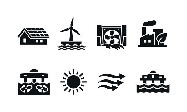 Renewable energy sources. Filled icon set of Renewable energy sources: rooftop solar panels, offshore wind turbine,