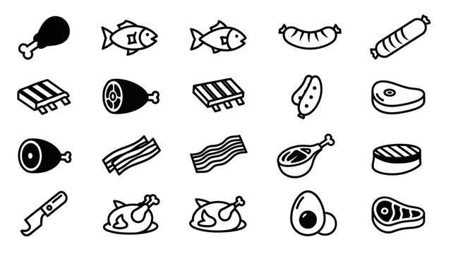 Collection of cartoon meat and fish food icons.