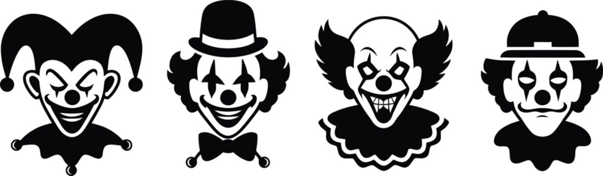 Scary Clown and Jester Face Silhouettes Vector Set