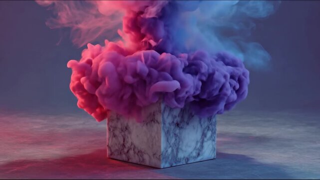 A marble cube at the center of the frame is surrounded by a cloud of red and blue smoke