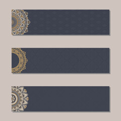 Vector banners set with traditional indian ornaments, lace orient mandala. Decorative elements. Beige and brown color mandala ornament. Islam, arabic, indian, ottoman motifs. Color illustration.