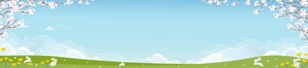 Obraz premium Spring landscape,bunny playing on green field with cherry blossoms border frame,yellow flower,blue sky cloud.Cute animal cartoon for Easter background,kids banner,nature scene,seasonal greeting card