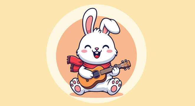 Cartoon rabbit playing ukulele with happy expression on yellow background