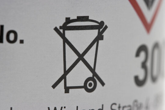 close up view of the crossed out wheeled bin symbol, indicate that the item should not be disposed of with regular household waste. usually used for Waste Electrical and Electronic Equipment WEEE