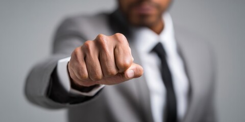 Fototapeta premium Close-up of african male adult in suit making fist gesture for determination
