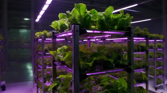 Rows of fresh green lettuce growing in a vertical hydroponic farm, purple LED grow lights, futuristic agriculture technology, clean lab atmosphere, 4k