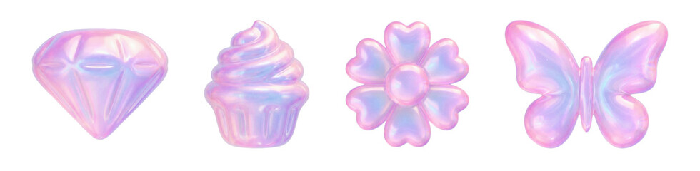 ぷにぷに ゆめかわ ゼリー風3Dオブジェクトアイコンセット（ダイヤ・カップケーキ・花・蝶）