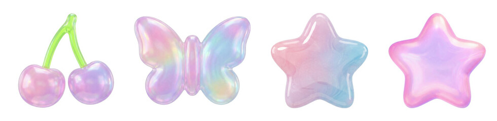 ぷにぷにゼリー風3Dアイコンセット ― さくらんぼ・蝶・星のグロッシーオブジェクト