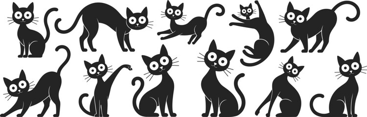 Cute cartoon cat characters collection isolated on white background, playful black feline poses set, flat vector illustration design © Fajle