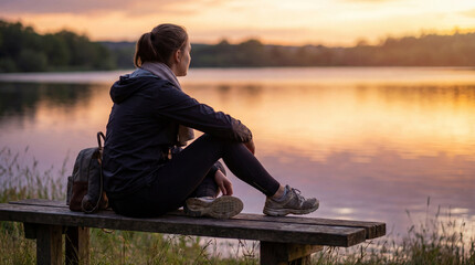 Woman rests by lake at sunset. Calm sunset reflection on wooden bench, hiking backpack nearby, peaceful outdoor break for International Day of Peace, summer travel wellness concept