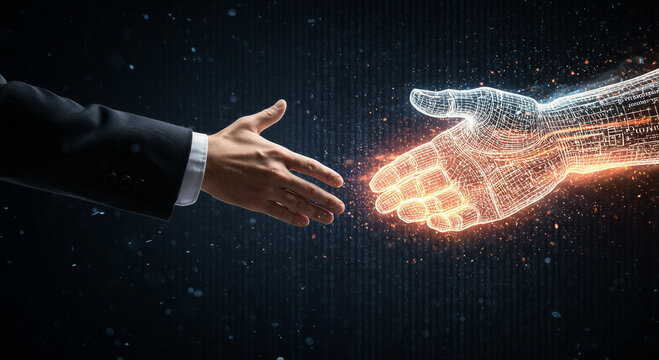 Businessman extending hand to shake with glowing digital ai robot hand. Human machine partnership and artificial intelligence collaboration. Futuristic technology integration concept