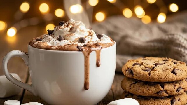 A mug of hot chocolate topped with whipped cream and chocolate chips sits beside a stack of chocolate chip cookies and marshmallows. The scene is set against a backdrop of warm, bokeh lights.