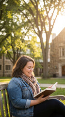 Woman reads book on campus bench. Warm sunset light, relaxed student enjoys book outdoors, smiling during back to school season, perfect for world book day promotion, cozy fall concept