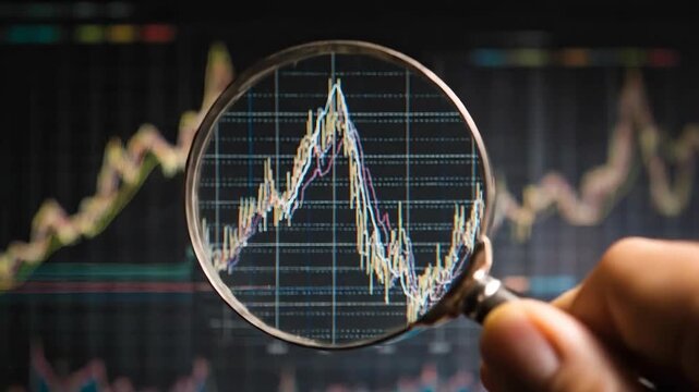 A magnifying glass is held over a stock market graph displayed on a screen. The graph shows fluctuating lines representing market trends.