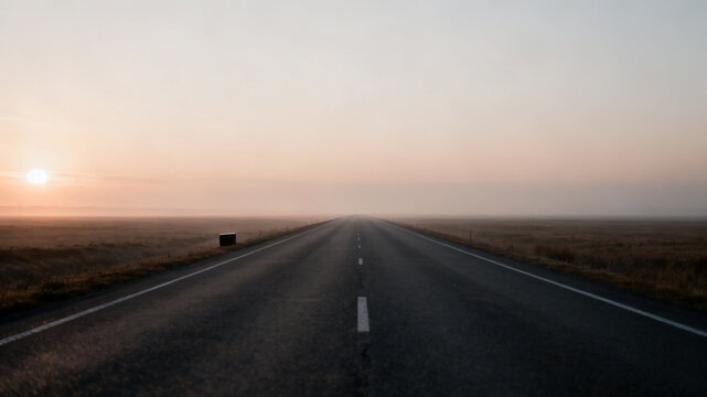 A serene highway stretches through a vast landscape during sunrise with a vehicle in the distance