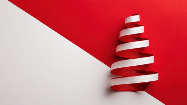 Red and white ribbon spiral forming a christmas tree on red background.