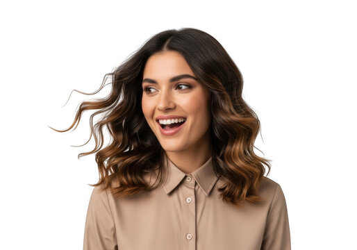 Smiling young woman with long brown hair on isolated transparent background