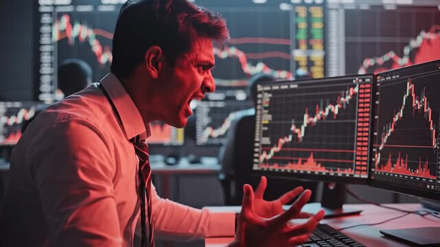 Stock trader frustrated with falling market charts, financial crisis, trading loss