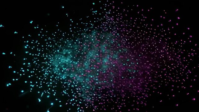 Vibrant glowing particle explodes in dark space with radiant blue spikes