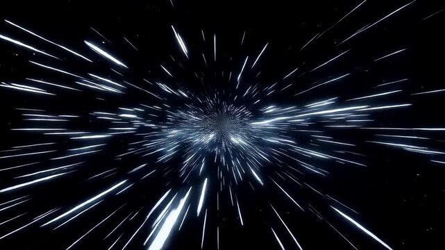 Star field moving rapidly towards the camera, hyperdrive warp speed effect, white streaks of light, black background, sci-fi overlay, 4k