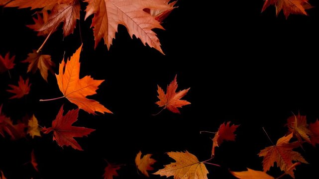 Orange and brown autumn maple leaves falling gently against a black background, windy fall season overlay, realistic texture, slow motion, 4k