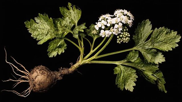 Botanical image of a plant with white flowers, green leaves, and root ball against a black backdrop
