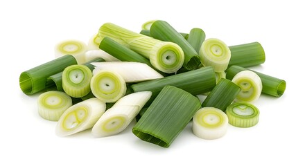 A pile of chopped green onions on a white background