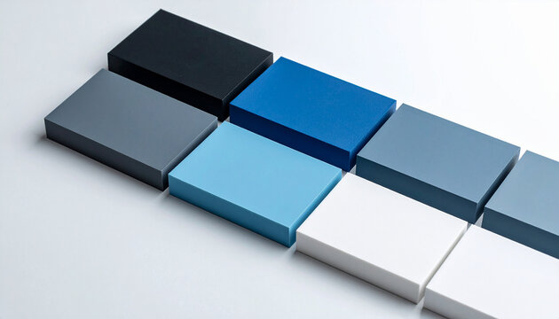 Blocks represent samples for architecture and design. Selection shows palette for branding and finishes. Composition focuses on modularity and development. Elements serve construction industry.