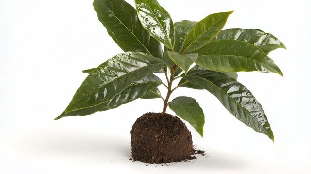 A young plant with large, glossy green leaves, growing from a soil ball against a white backdrop