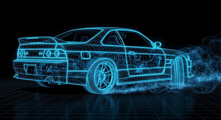 Neon Blue Car Outline Racing. © kadon