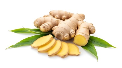 Fresh ginger root with slices and leaves