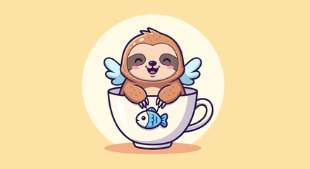 Cartoon sloth with wings in cup on yellow background for creative design