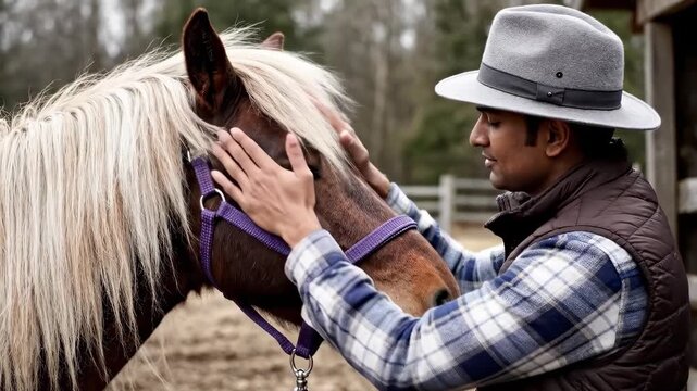 A person wearing a hat and vest gently pets a horse's face. The horse has a blonde mane and a purple halter.