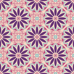 Seamless floral mandala vector pattern with geometric ornaments in pastel purple, pink and teal. Decorative repeating color vector ornate background. For textiles, fabric prints, wrapping paper.