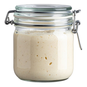 Sourdough Starter Bubbling in Glass Jar with Wire Bale Lid on White Background