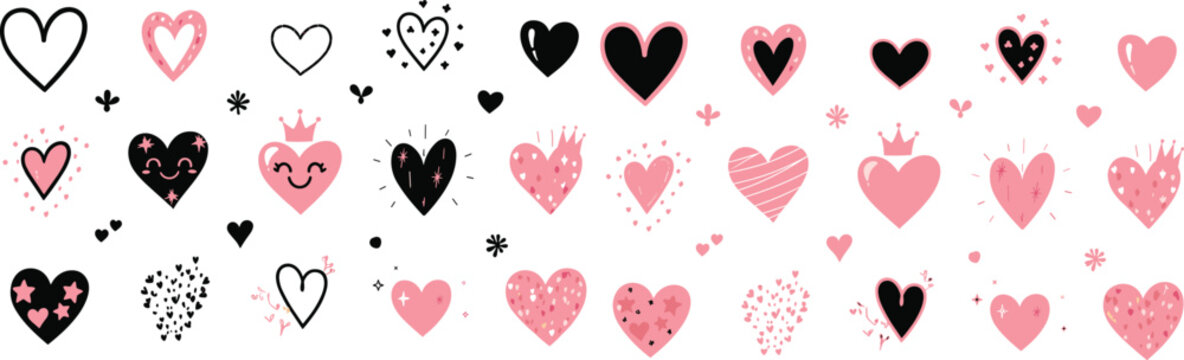 Cute decorative heart icon collection with romantic Valentine doodle style vector illustration set