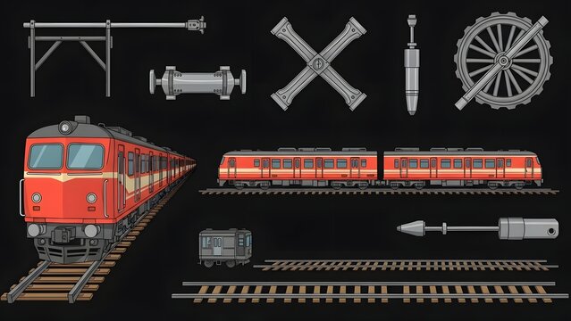 Collection of train elements and railway accessories for a detailed illustration or design project