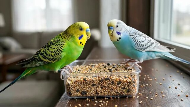 Two budgies, one green and one blue, are eating birdseed from a clear plastic container. They are positioned on a wooden surface near a window.