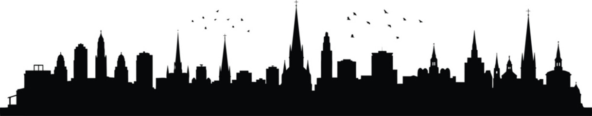 Fototapeta premium City skyline with tall buildings and flying birds in urban landscape silhouette