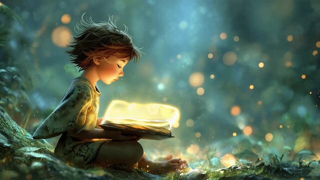Young child reading a glowing magical book in a mystical forest at dusk. 4k video